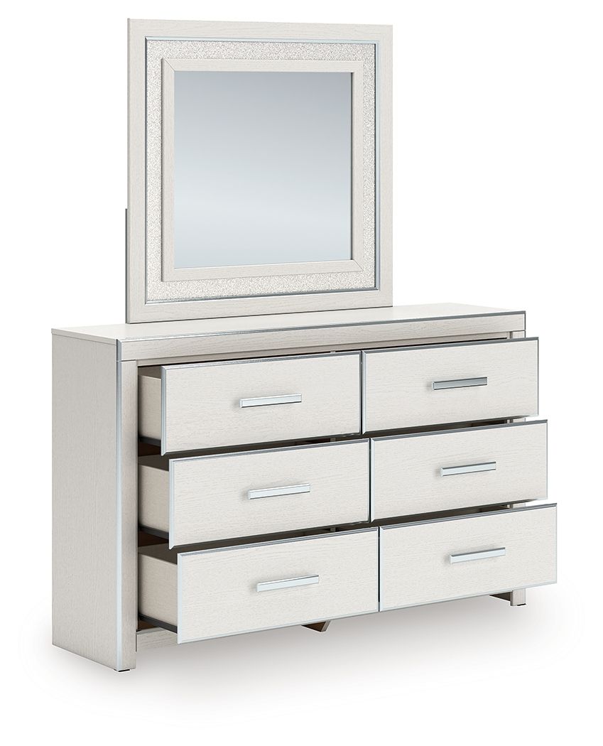 White dresser with six drawers and mirror, side view