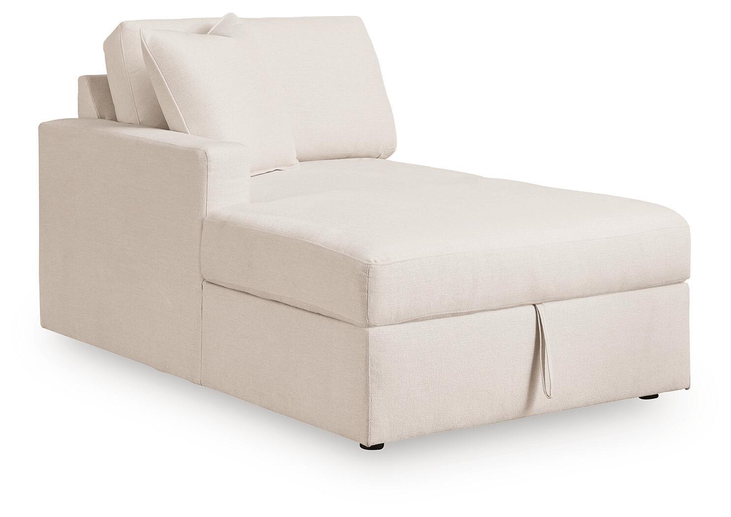 Corner chaise with storage in light oyster upholstery, padded chaise seat and back cushions
