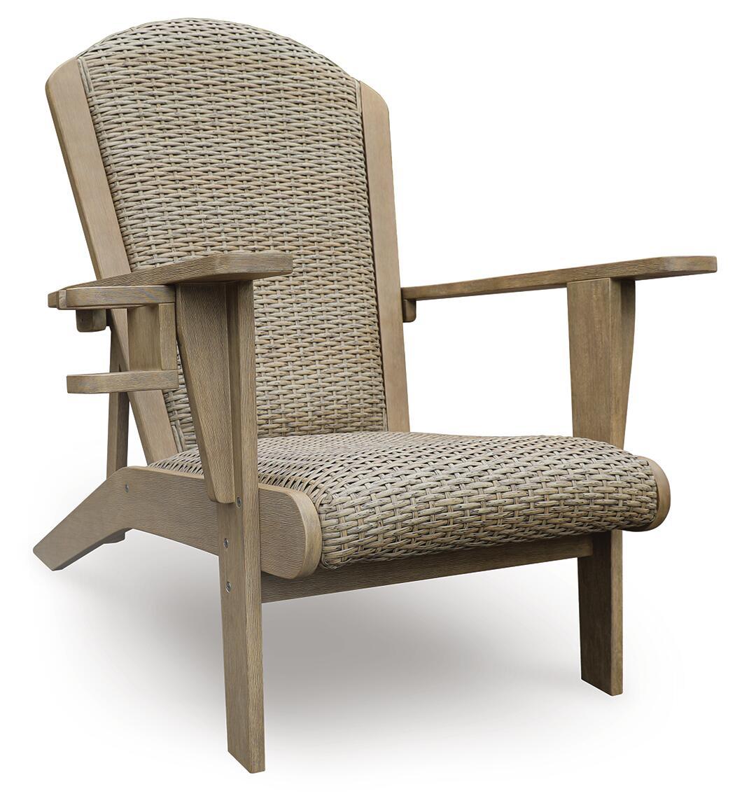 Beige woven Adirondack armchair with light wood frame and curved arms