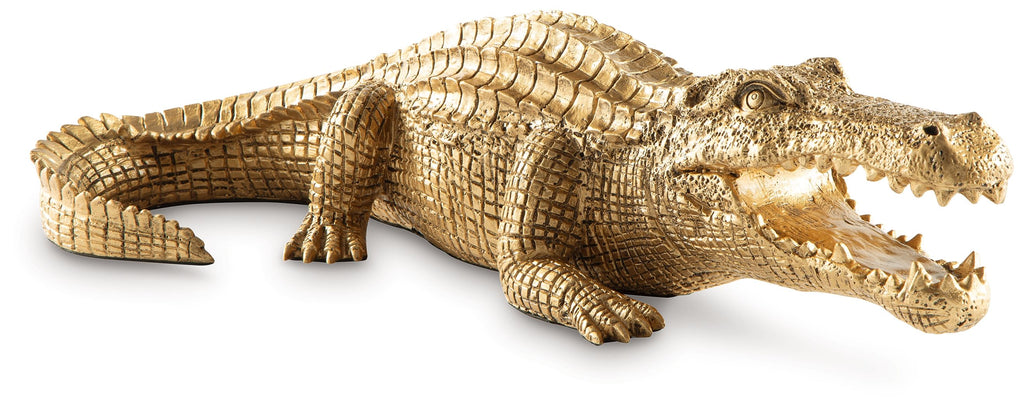 Antique gold crocodile sculpture with textured scales and open mouth