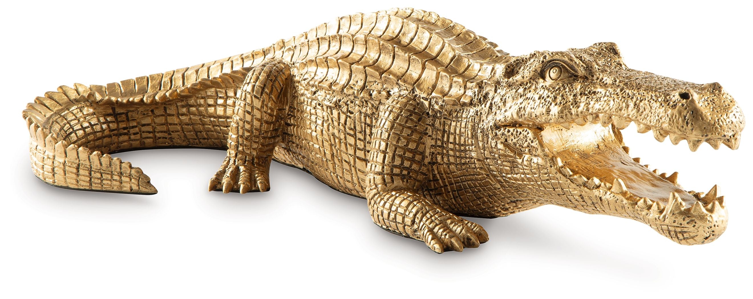 Antique gold crocodile sculpture with textured scales and open mouth