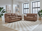 Upholstered living room sofa and recliner set in light brown with rolled arms.