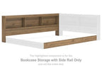 Bookcase storage bed frame with side rail, honey wood finish