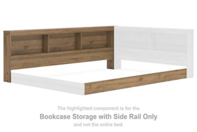 Bookcase storage bed frame with side rail, honey wood finish