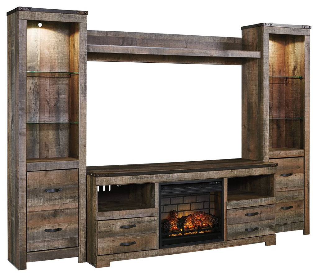 Dark brown entertainment center with tall side cabinets and built-in fireplace insert