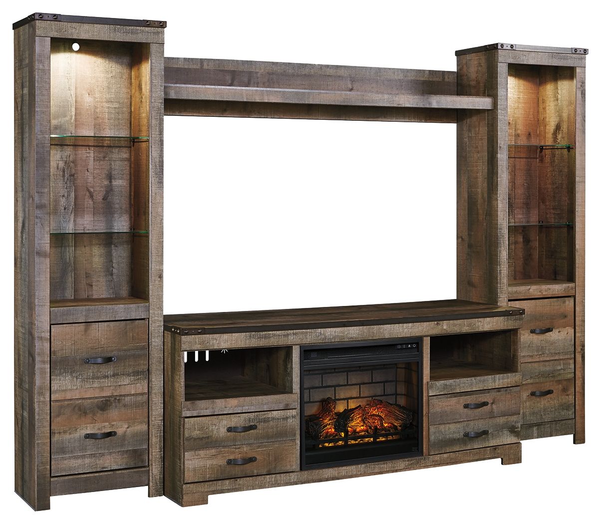 Dark brown entertainment center with tall side cabinets and built-in fireplace insert