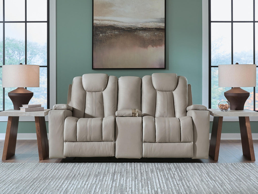 Gliding reclining loveseat with console, light beige upholstery and padded headrests