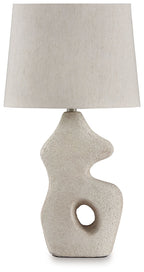 Paper table lamp, antique beige textured base with cutout hole and square fabric shade