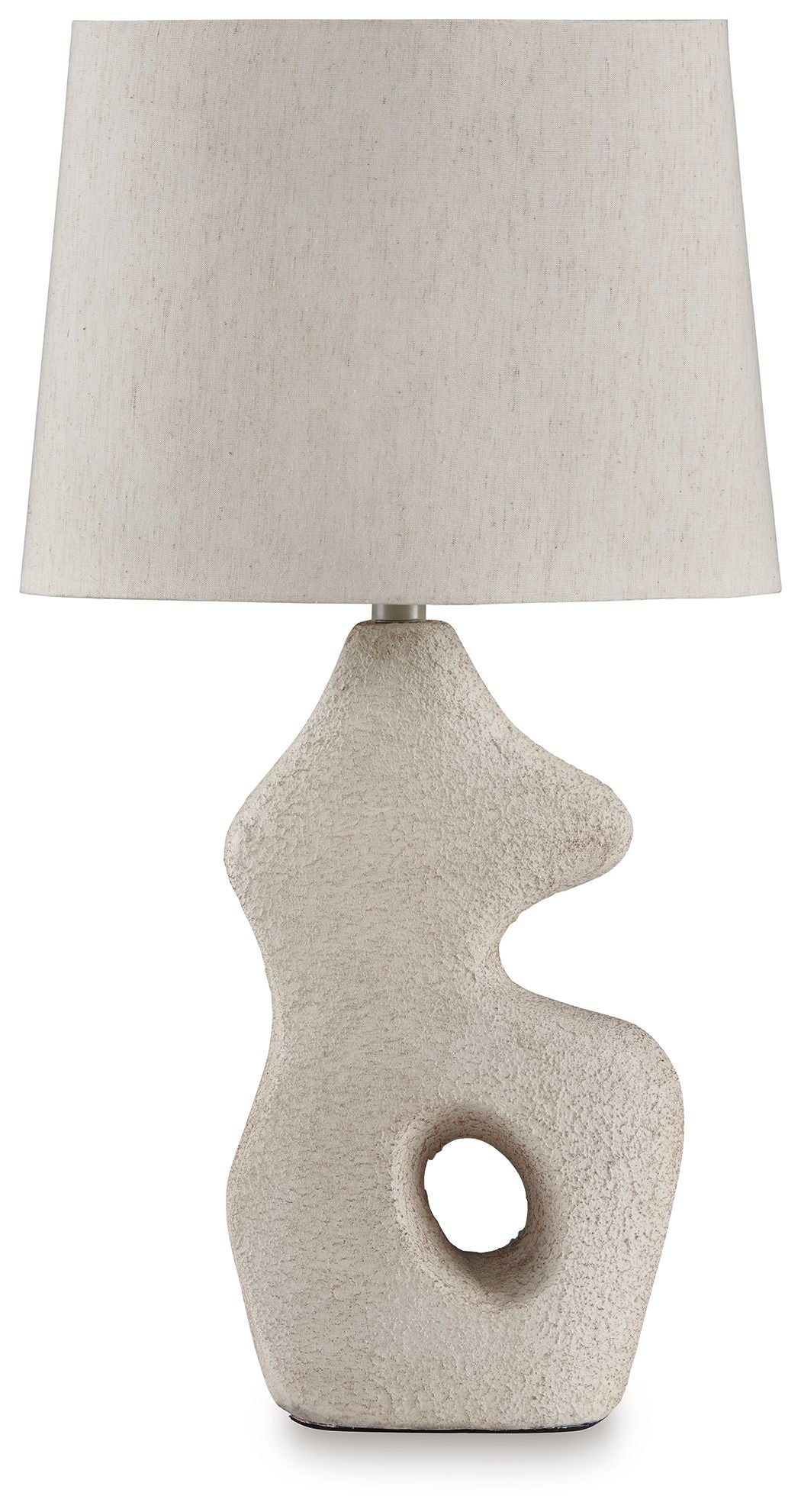 Paper table lamp, antique beige textured base with cutout hole and square fabric shade