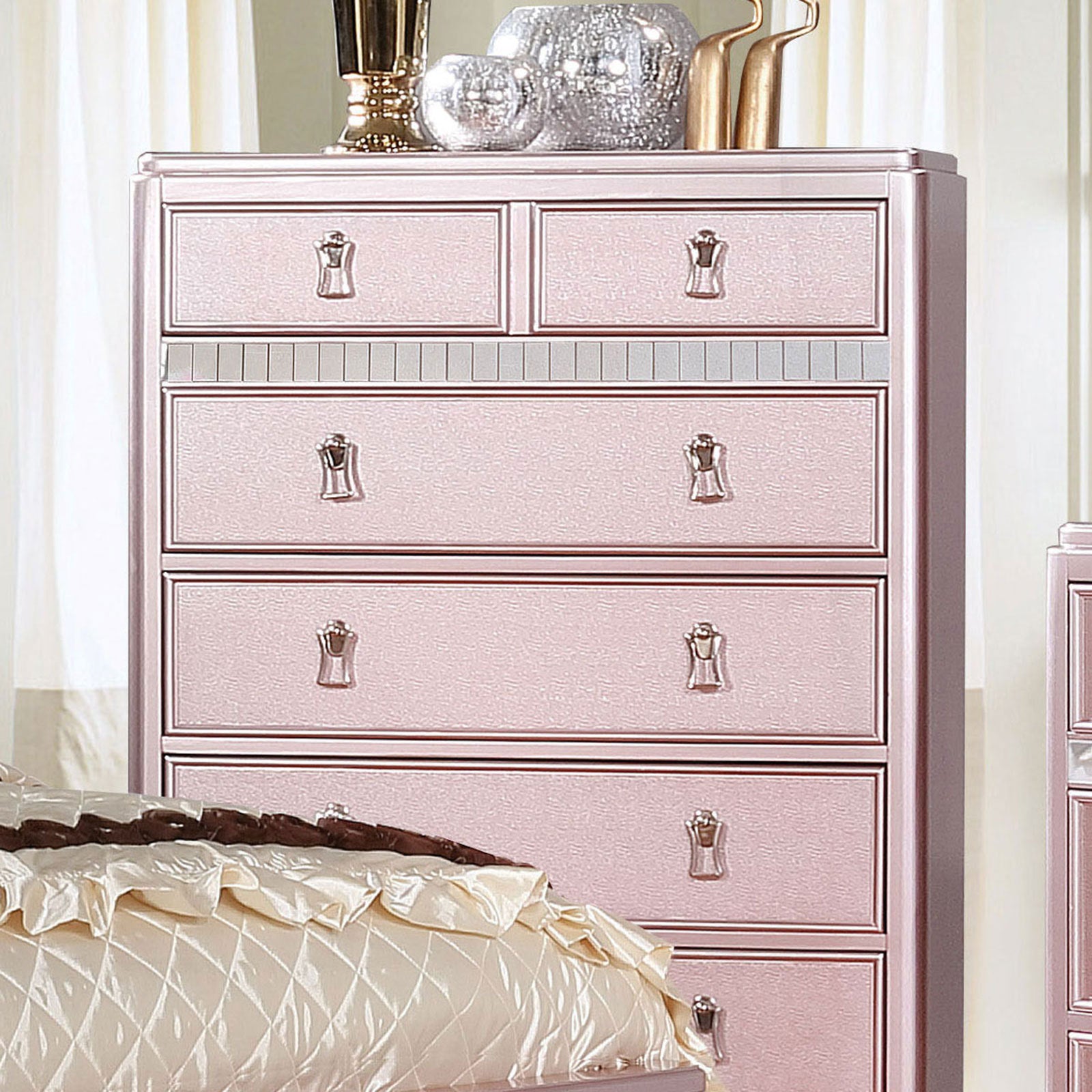 Contemporary Rose Gold Mirror Trim Chest Bedroom Furniture