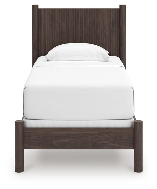 Panel bedroom set bed with dark brown panel headboard, white bedding