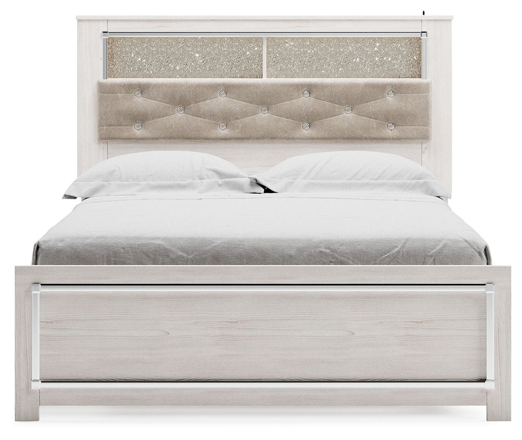 Queen bookcase bed with white slatted sides and padded light beige tufted headboard