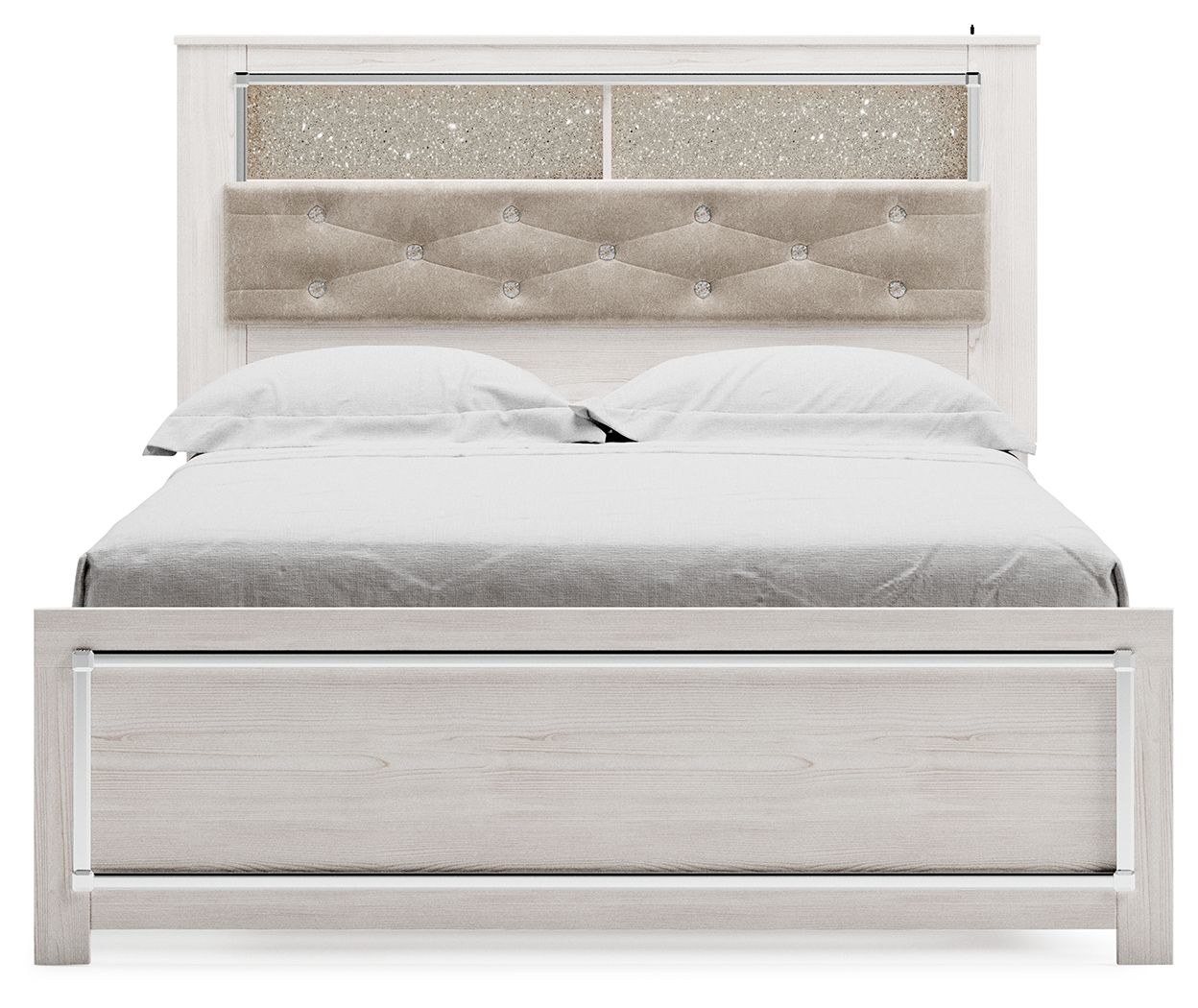 Queen bookcase bed with white slatted sides and padded light beige tufted headboard