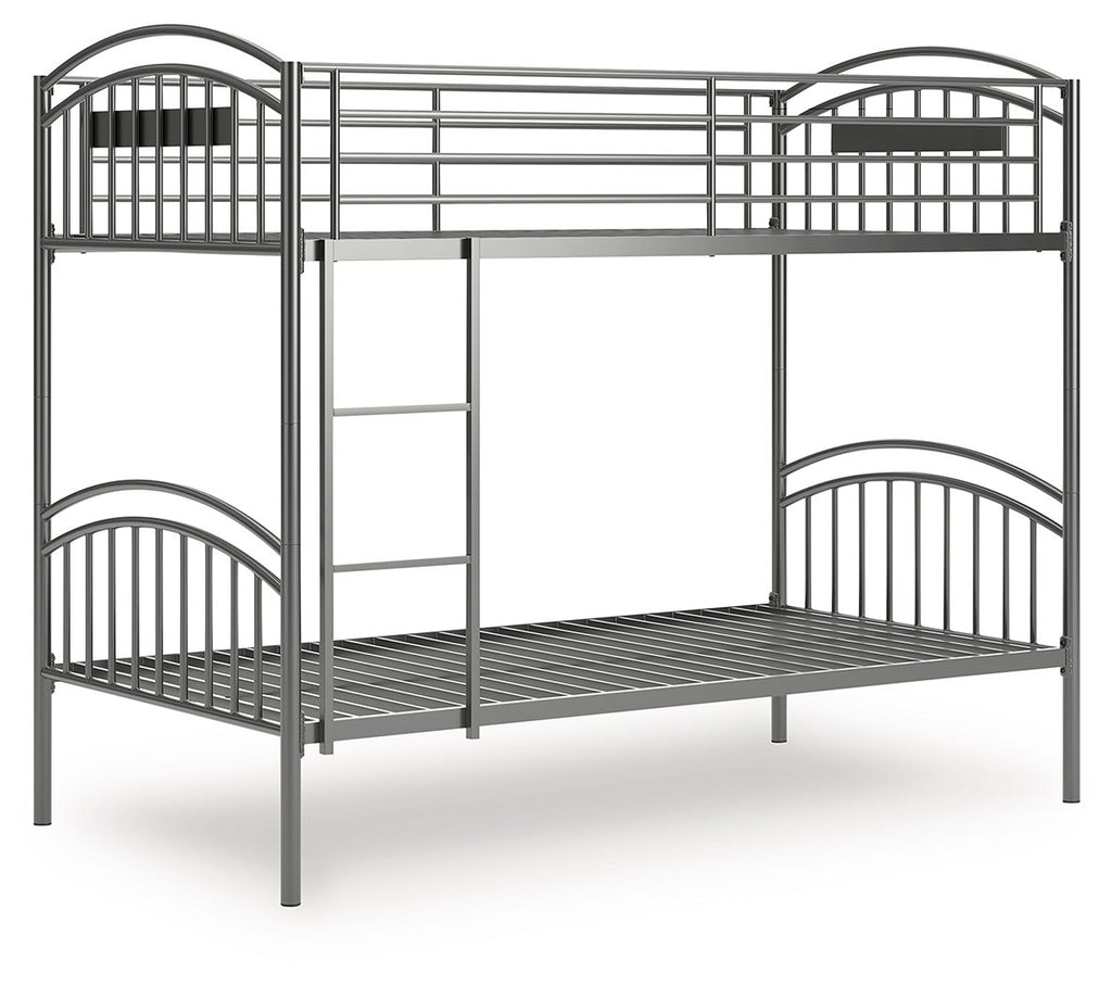 Gray metal twin-over-twin bunk bed with ladder and curved guardrails
