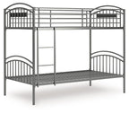 Gray metal twin-over-twin bunk bed with ladder and curved guardrails