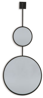 Wall-mounted oval accent mirror set with two stacked mirrors, black frames.