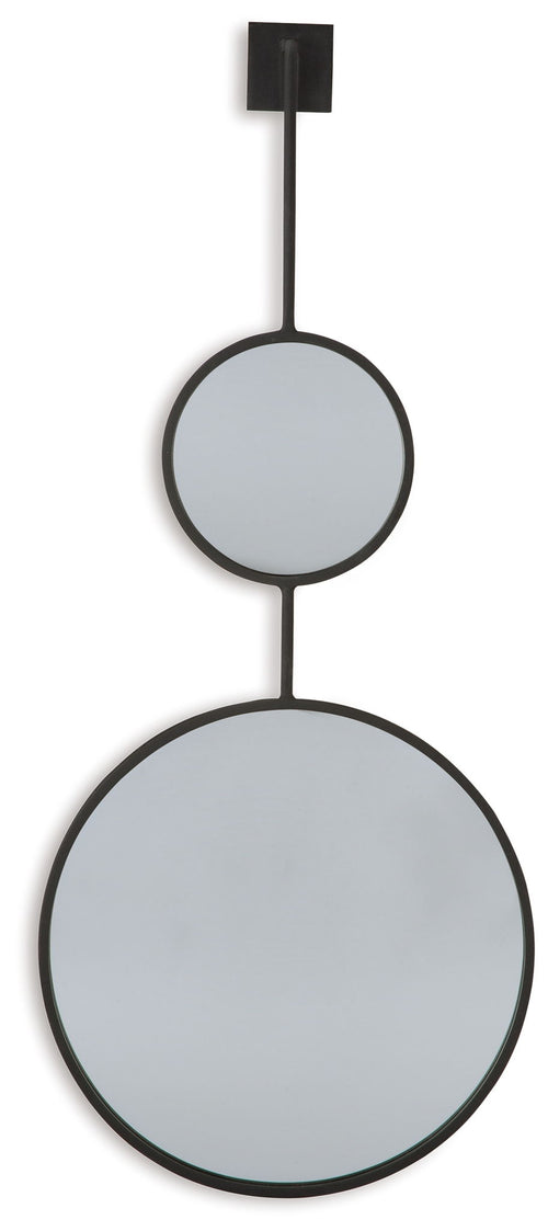 Wall-mounted oval accent mirror set with two stacked mirrors, black frames.