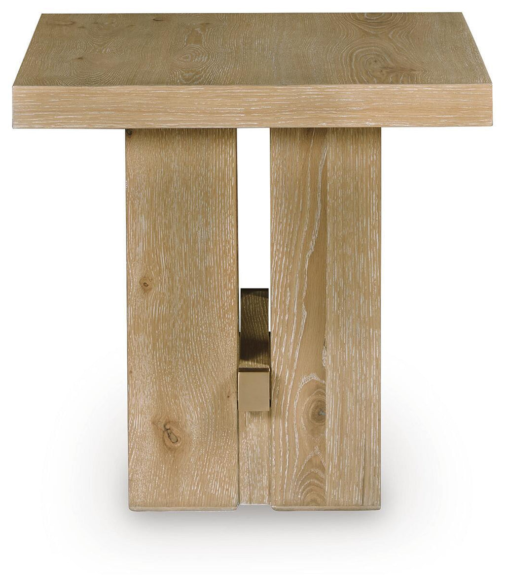 Light brown wood side table with open shelf detail on the front