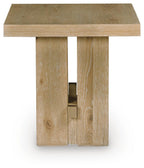 Light brown wood side table with open shelf detail on the front