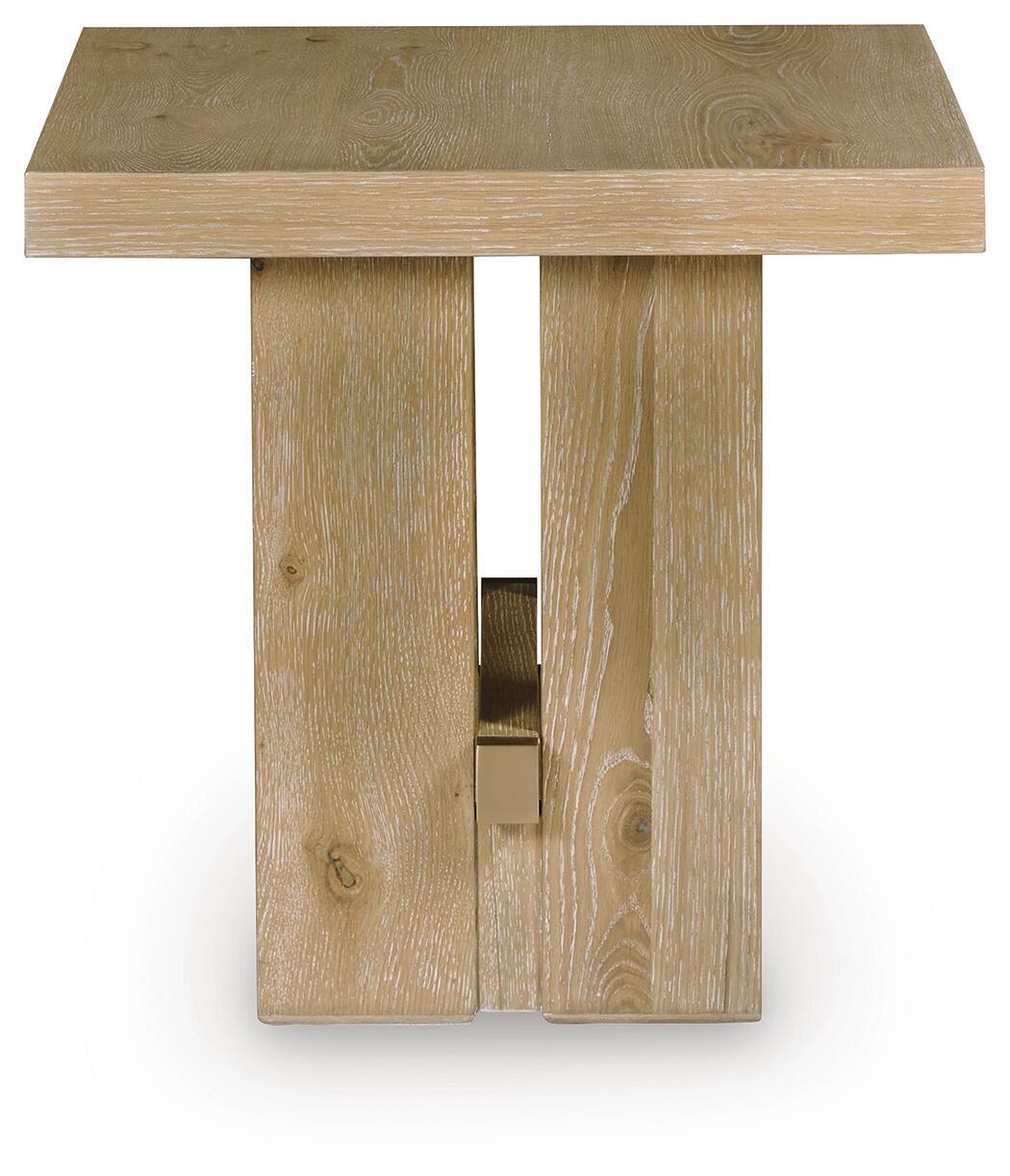 Light brown wood side table with open shelf detail on the front