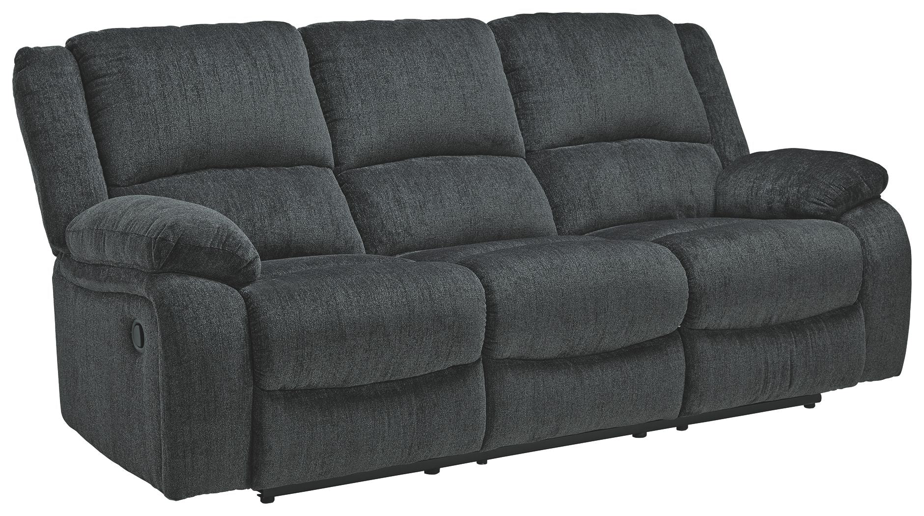 Draycoll reclining sofa in slate with rounded armrest, cushioned chaise seat, tufted back