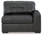 Fog gray leather corner chair with tufted back, wide seat, and block arms