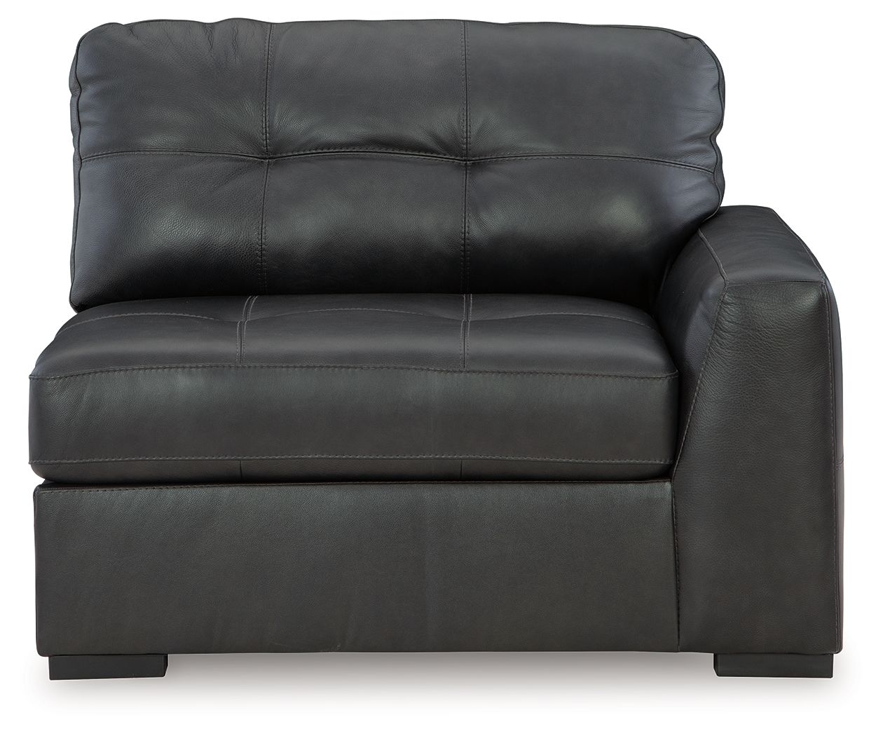 Fog gray leather corner chair with tufted back, wide seat, and block arms