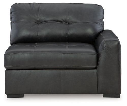 Fog gray leather corner chair with tufted back, wide seat, and block arms