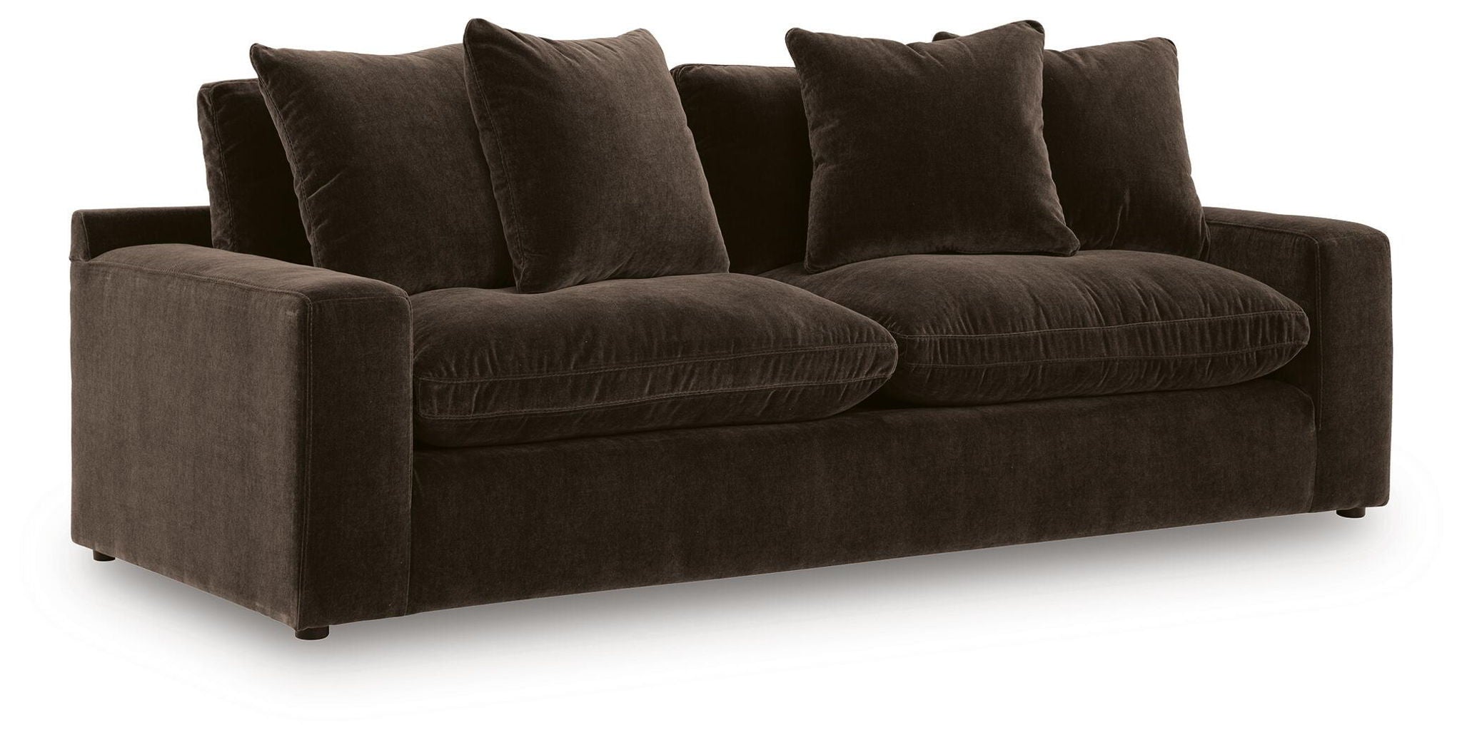 Dark brown fabric sofa with three seat cushions and four back pillows, square arms