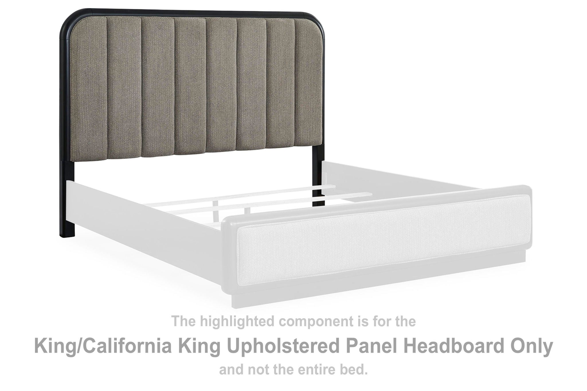 Gray upholstered panel headboard with arched black trim