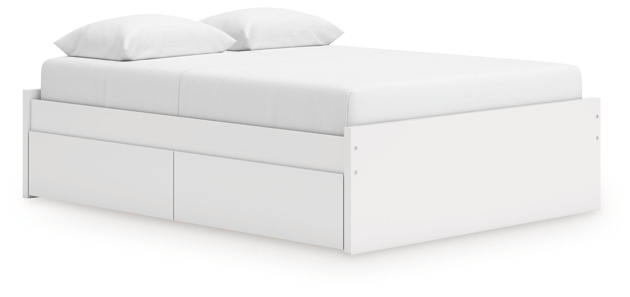 White platform bed with upholstered headboard and two side cabinet doors