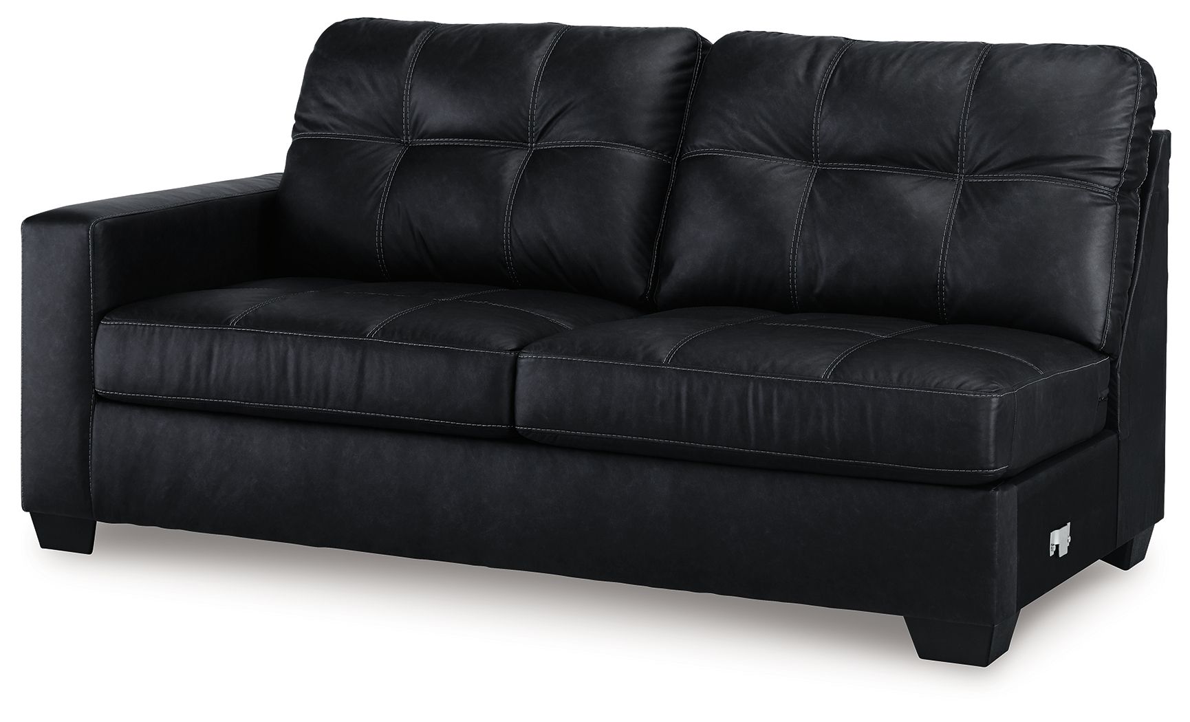Dark two-seat sofa with tufted back cushions and wide armrests