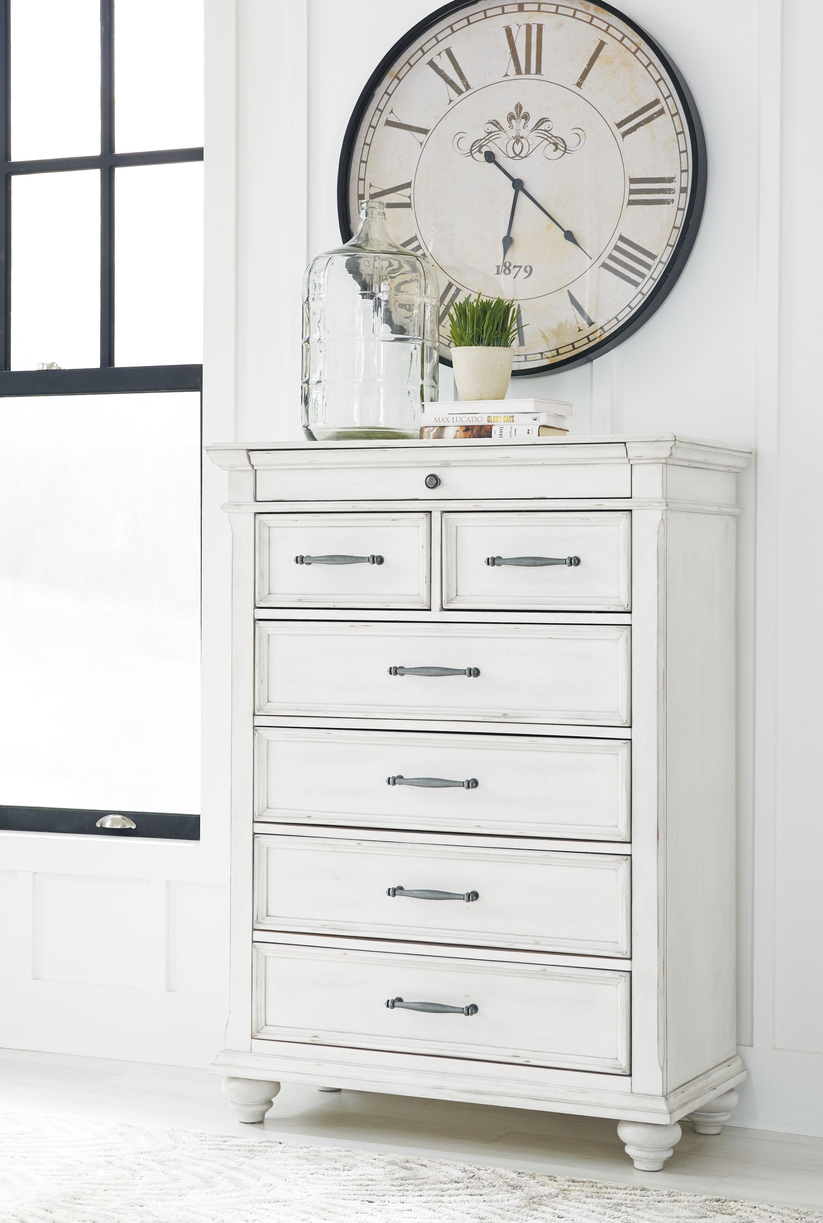 Whitewash dresser chest with stacked drawers, bar pulls, short feet
