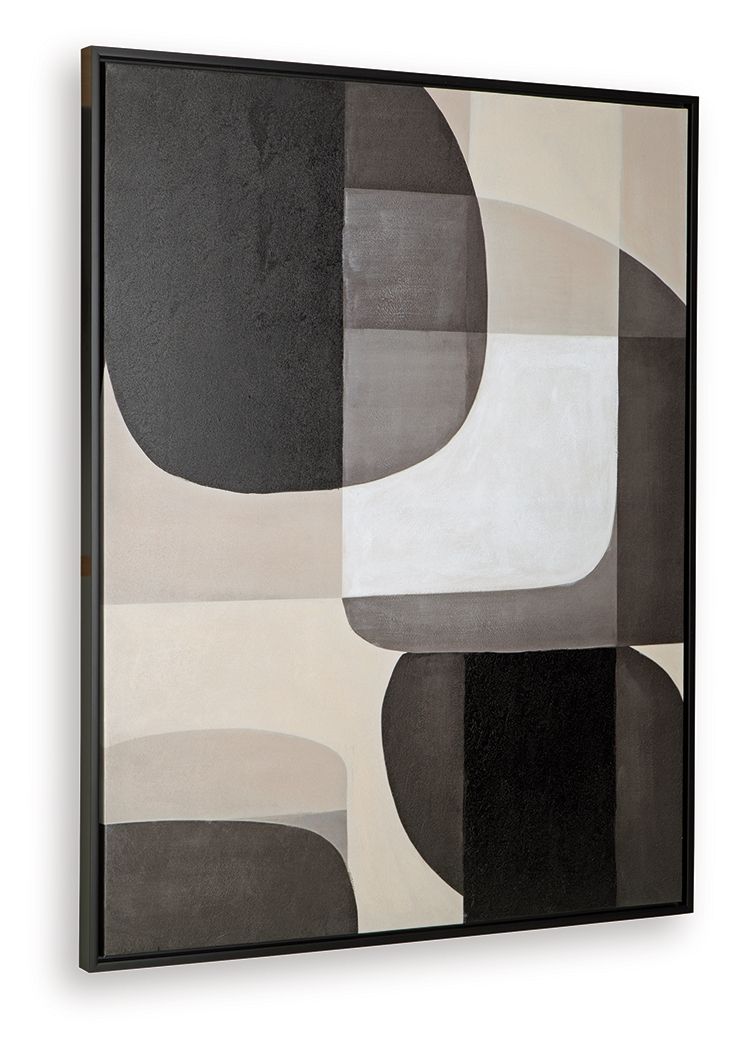 Framed abstract wall art with stacked rounded shapes in black, gray, and white.