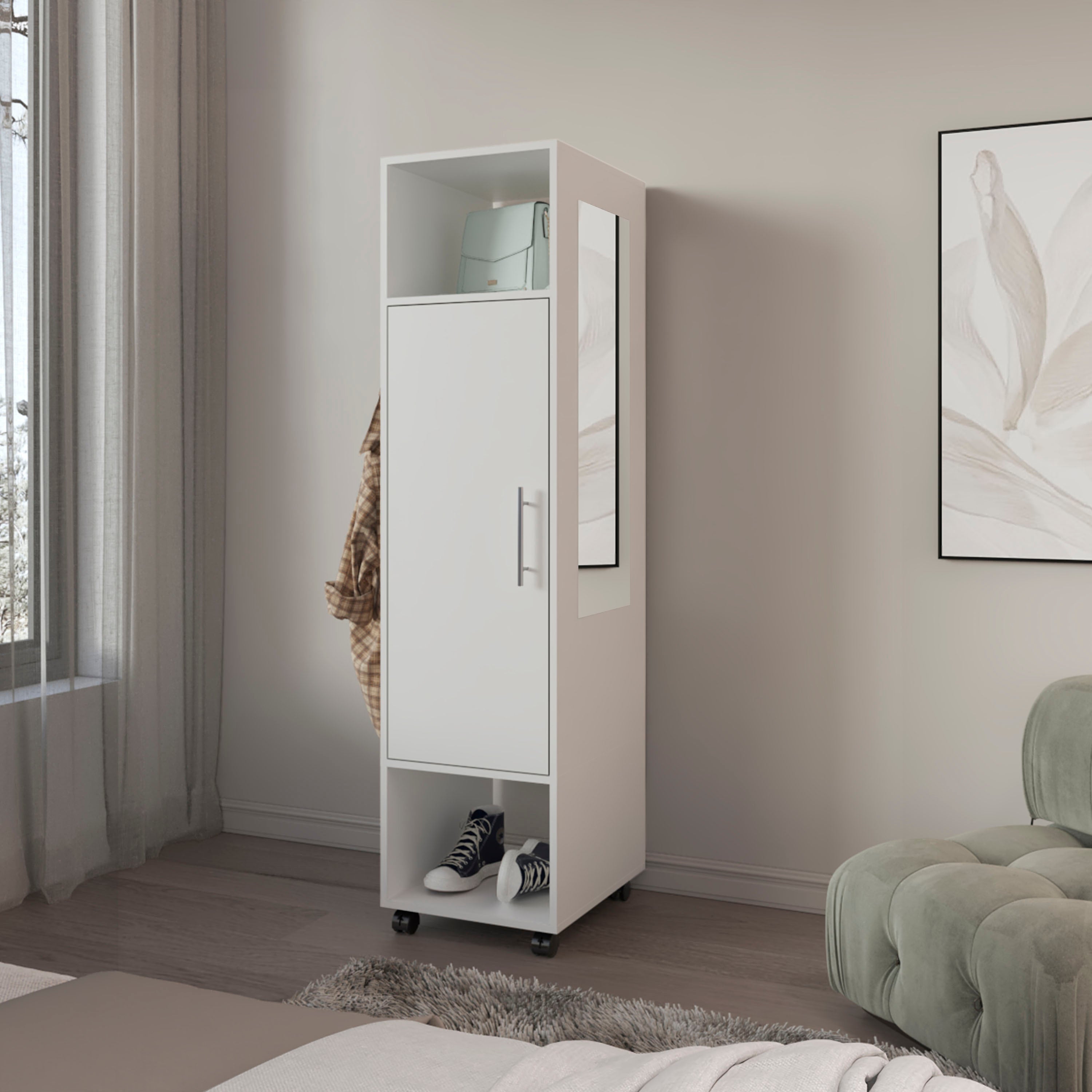 White Armoire with Mirror, 1 Door & 3 Shelves - 62.9"H Storage