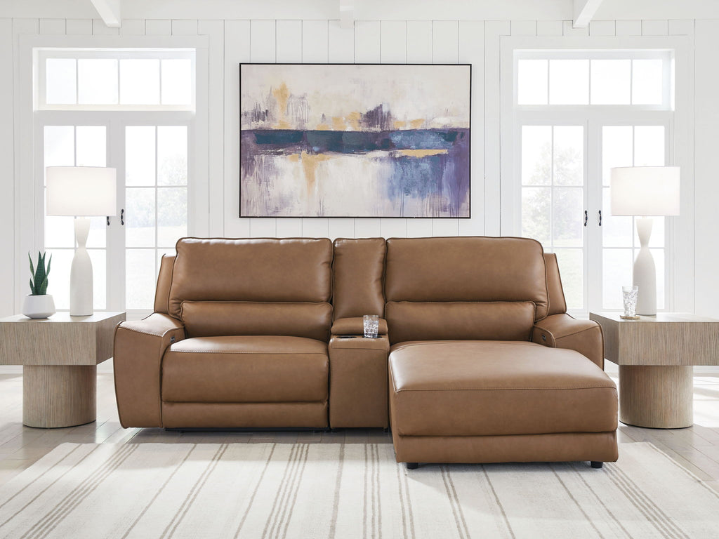 Caramel power reclining sectional sofa with chaise seat and recline ottoman cushion