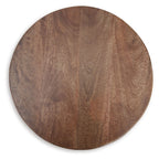 Round tabletop of a medium brown accent table, wood-grain finish