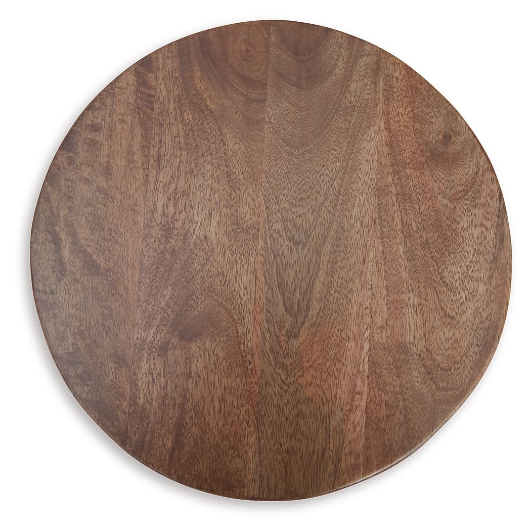Round tabletop of a medium brown accent table, wood-grain finish