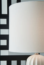 Ceramic lamp shade and white ribbed ceramic base top with metal finial