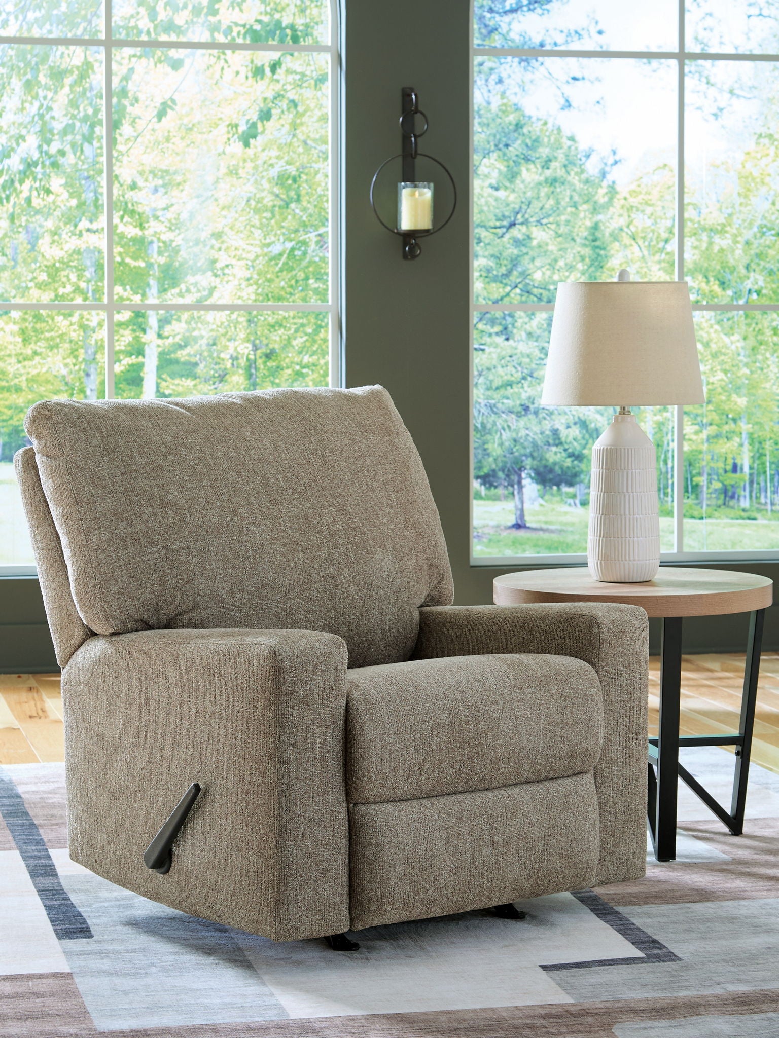 Hemp fabric recliner with rounded arms and side control lever
