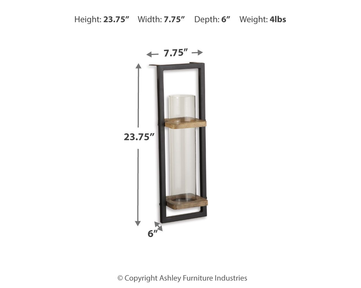 Wall sconce with black frame, clear glass cylinder, natural wood rings