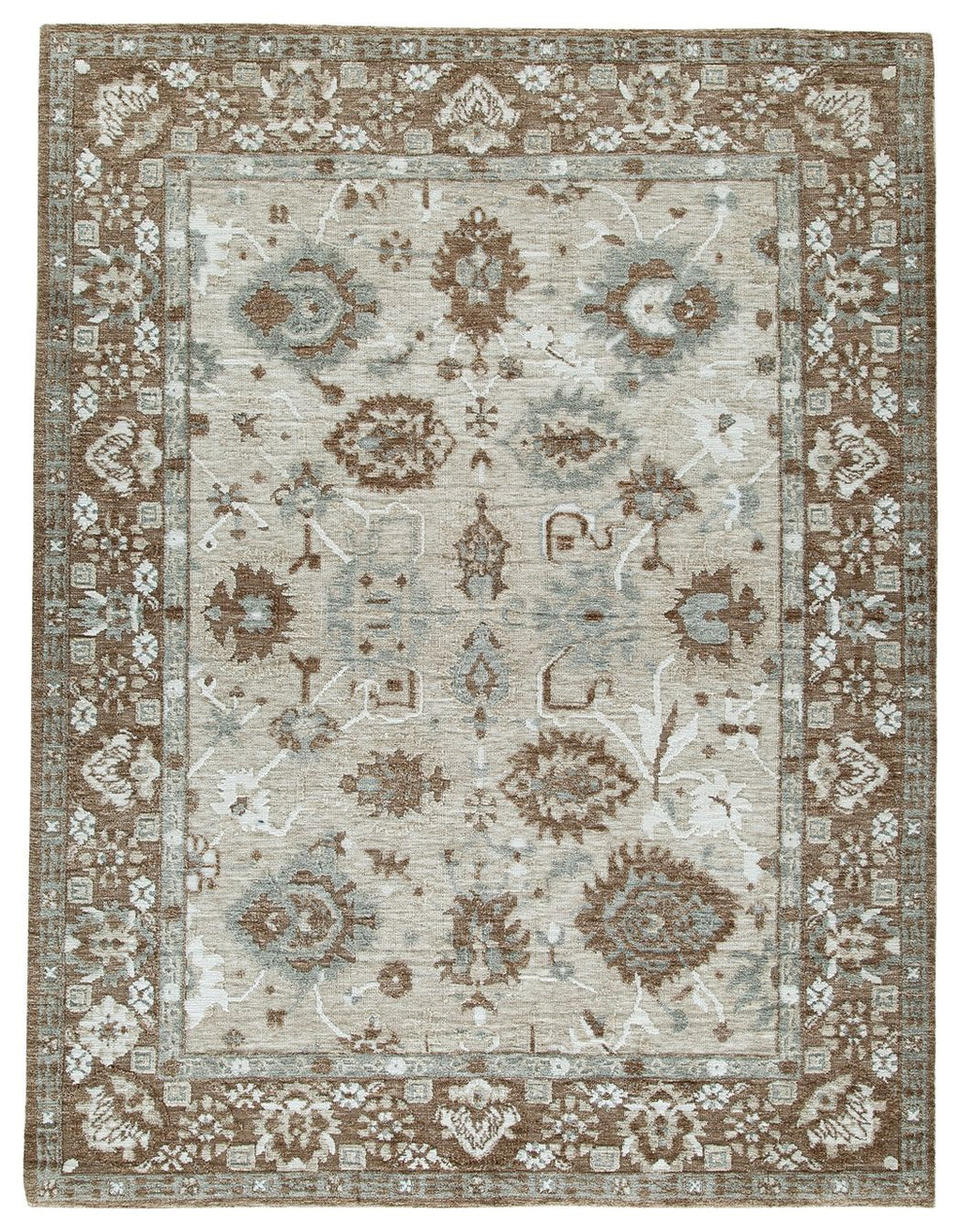 Memory foam rug with ornate border and light cream field, dark brown pattern