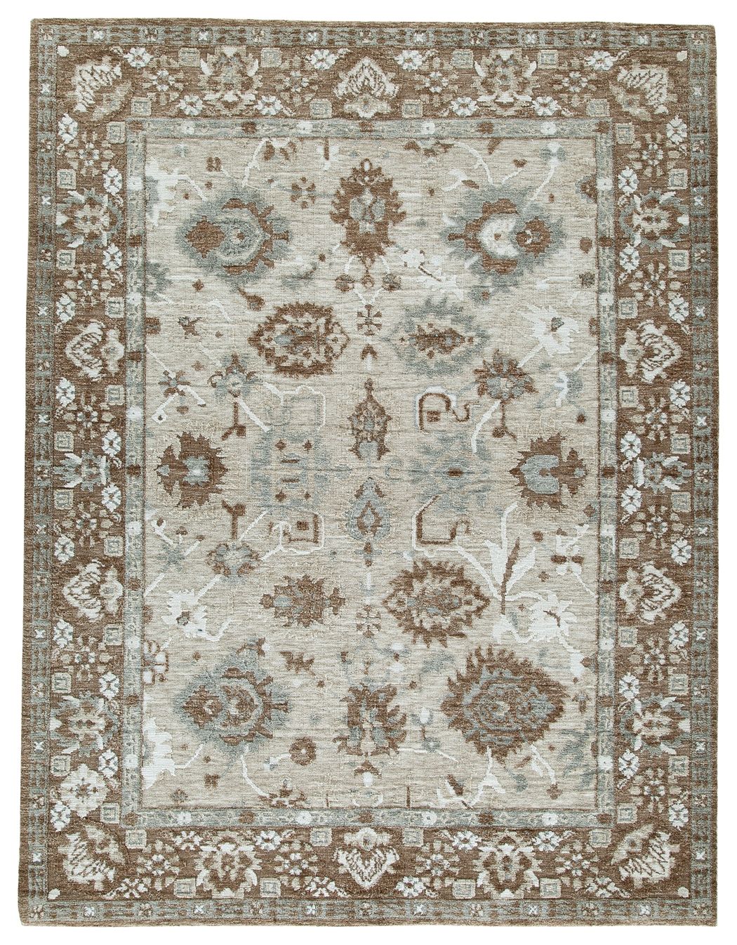 Memory foam rug with ornate border and light cream field, dark brown pattern