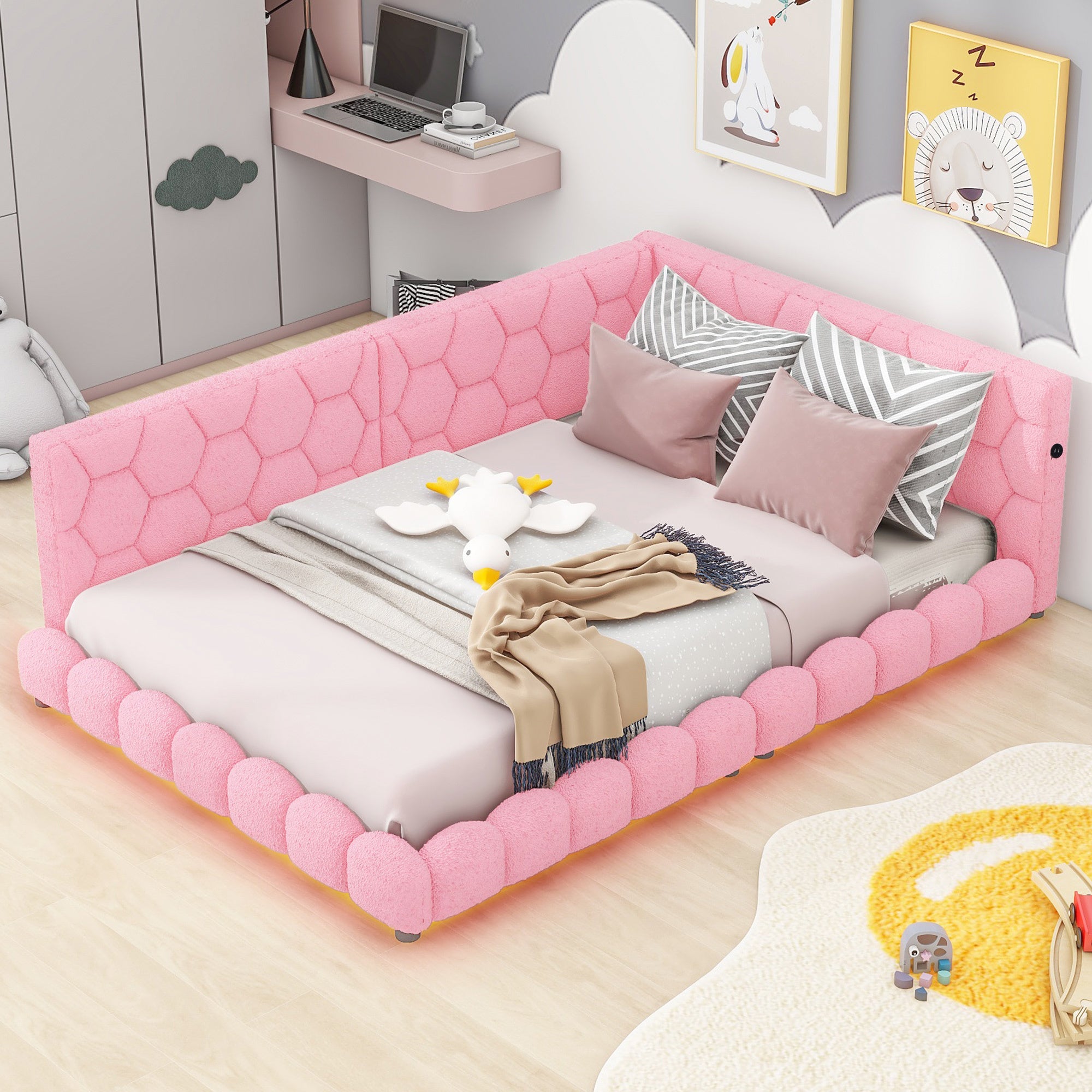 Pink Full Size Upholstered Platform Bed w/ USB, LED