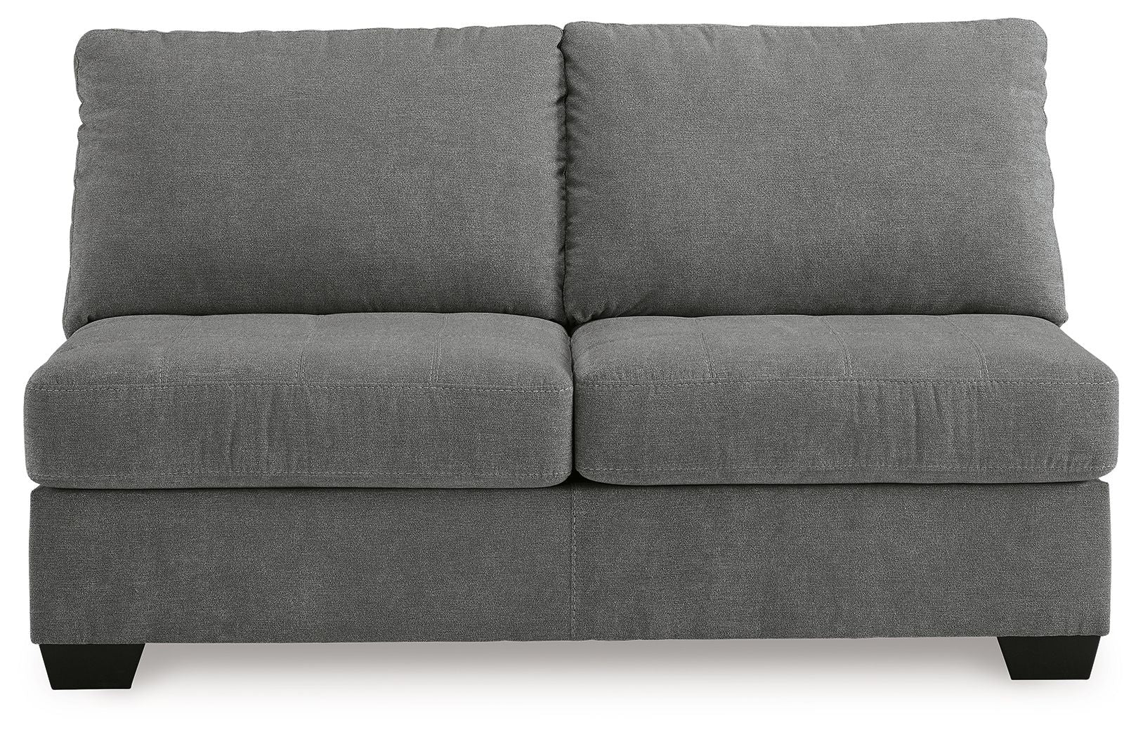 Gray armless loveseat with two back pillows and a boxy two-seat base