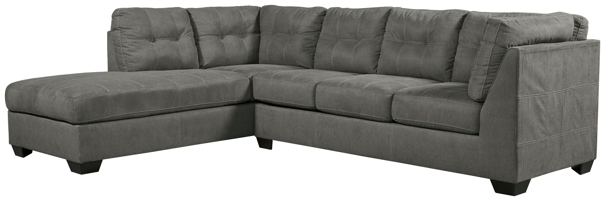 Slate gray sectional sofa with chaise and tufted back cushions, square arms.