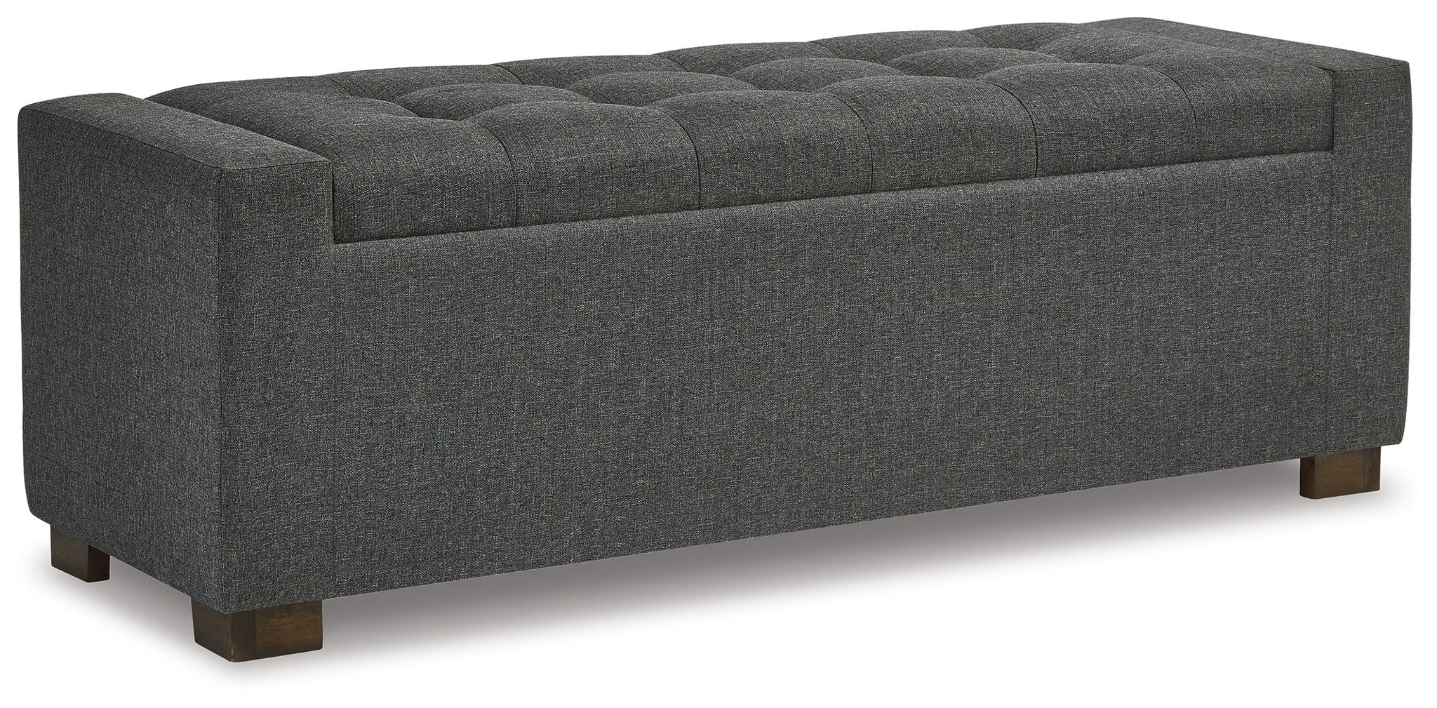 Gray upholstered storage bench with tufted top and dark wooden legs