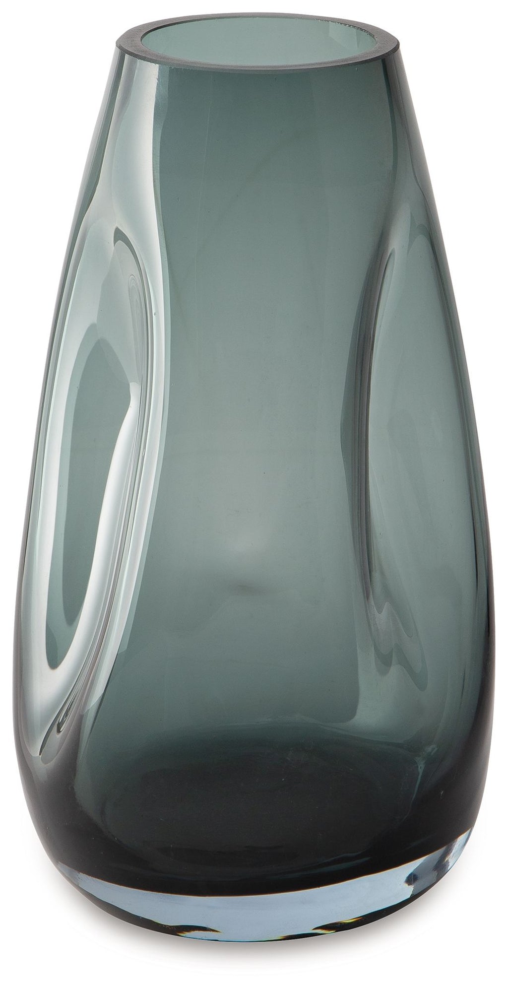 Light blue glass vase with curved sides and wide rim, 9-inch