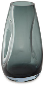 Light blue glass vase with curved sides and wide rim, 9-inch