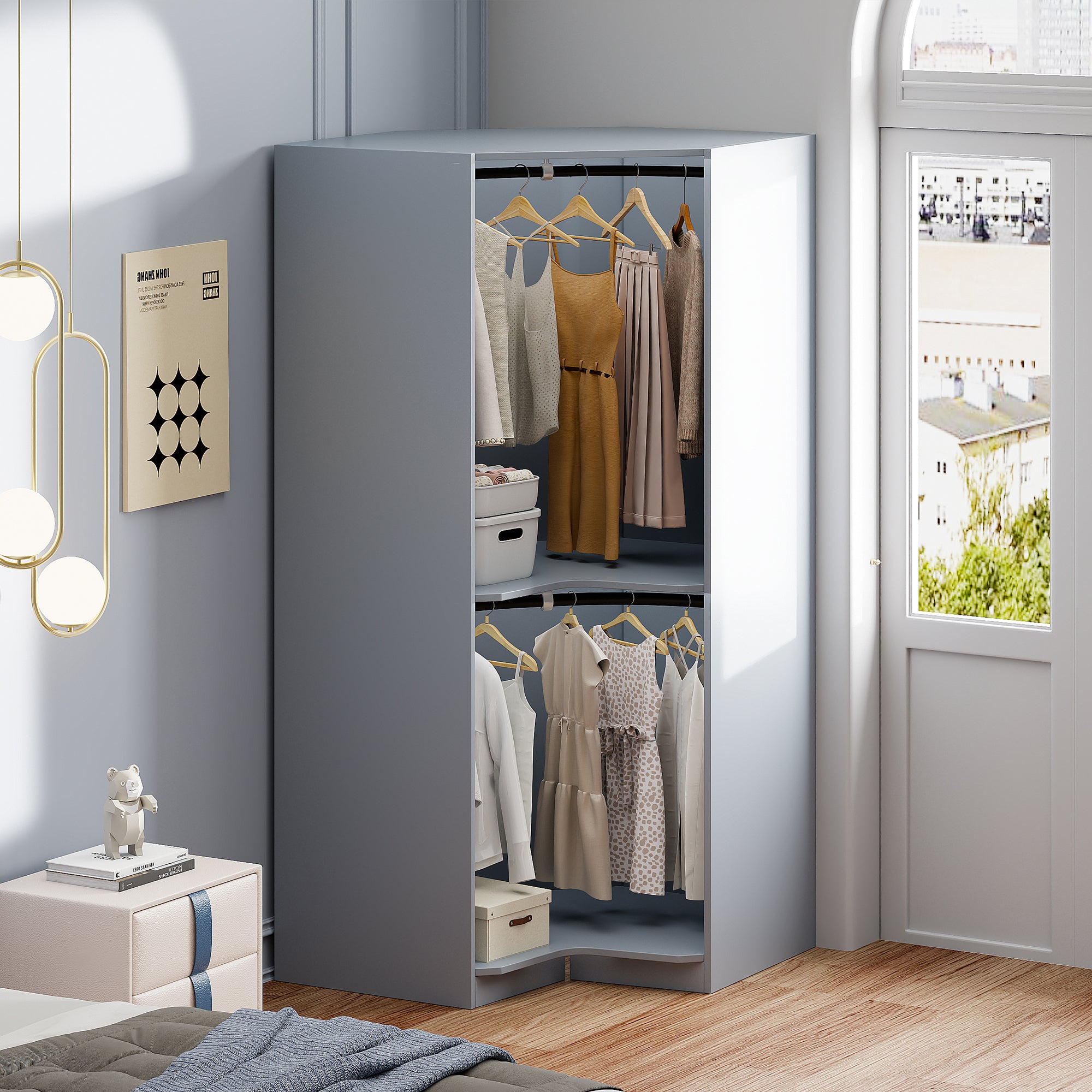 Polygon Corner Wardrobe - Gray (Save Space)